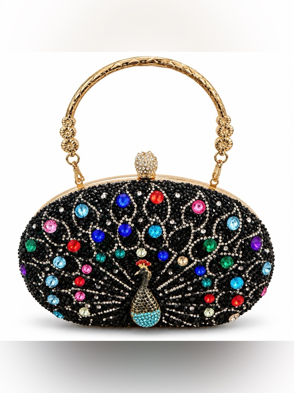 NWOT Peacock Rhinestone Evening Clutch Black Multicolor Gold Handle Purse
